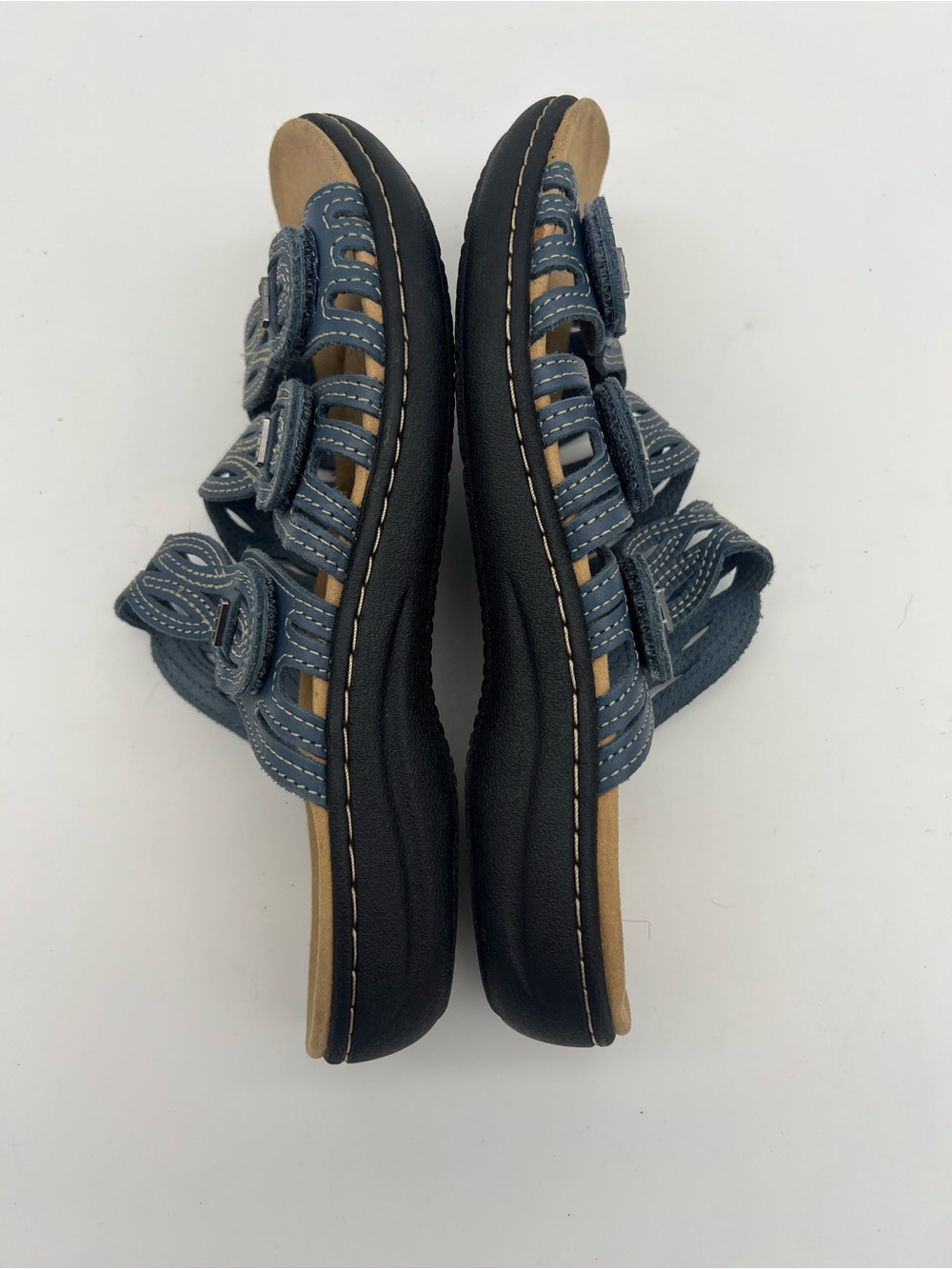 Clarks Blue Leather Laurieann Sandals Womens Size 8 Slip On Slides Bohemian - Picture 6 of 7